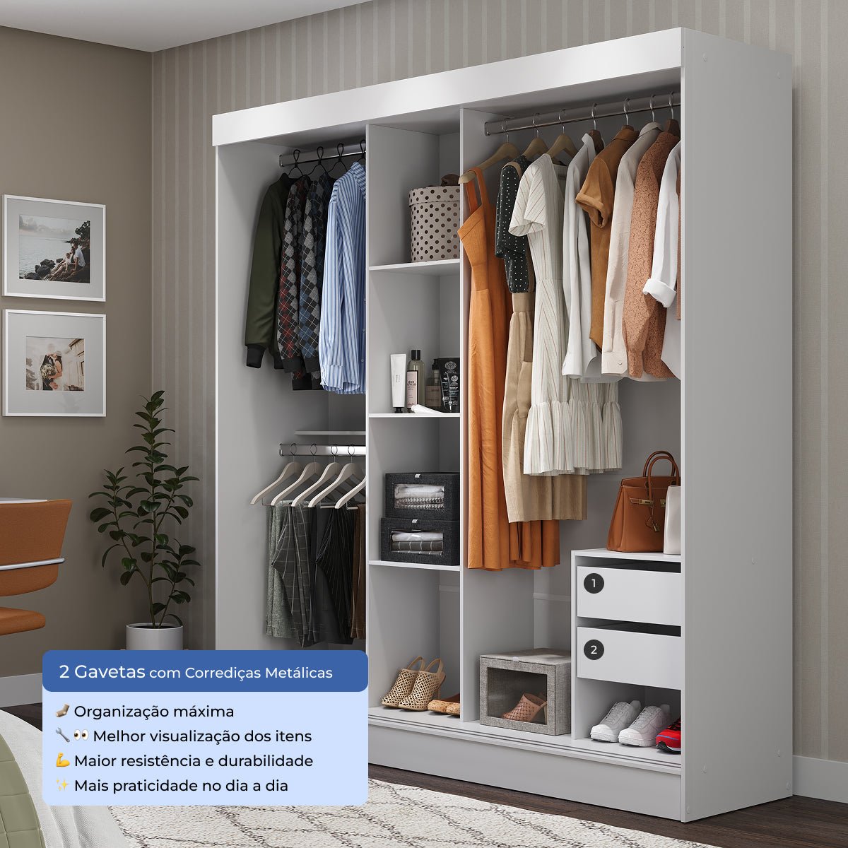 Guarda Roupa Casal com Espelho 3 Portas de Correr e 2 Gavetas Vittorio 172cm Branco - Província - Guarda - roupas