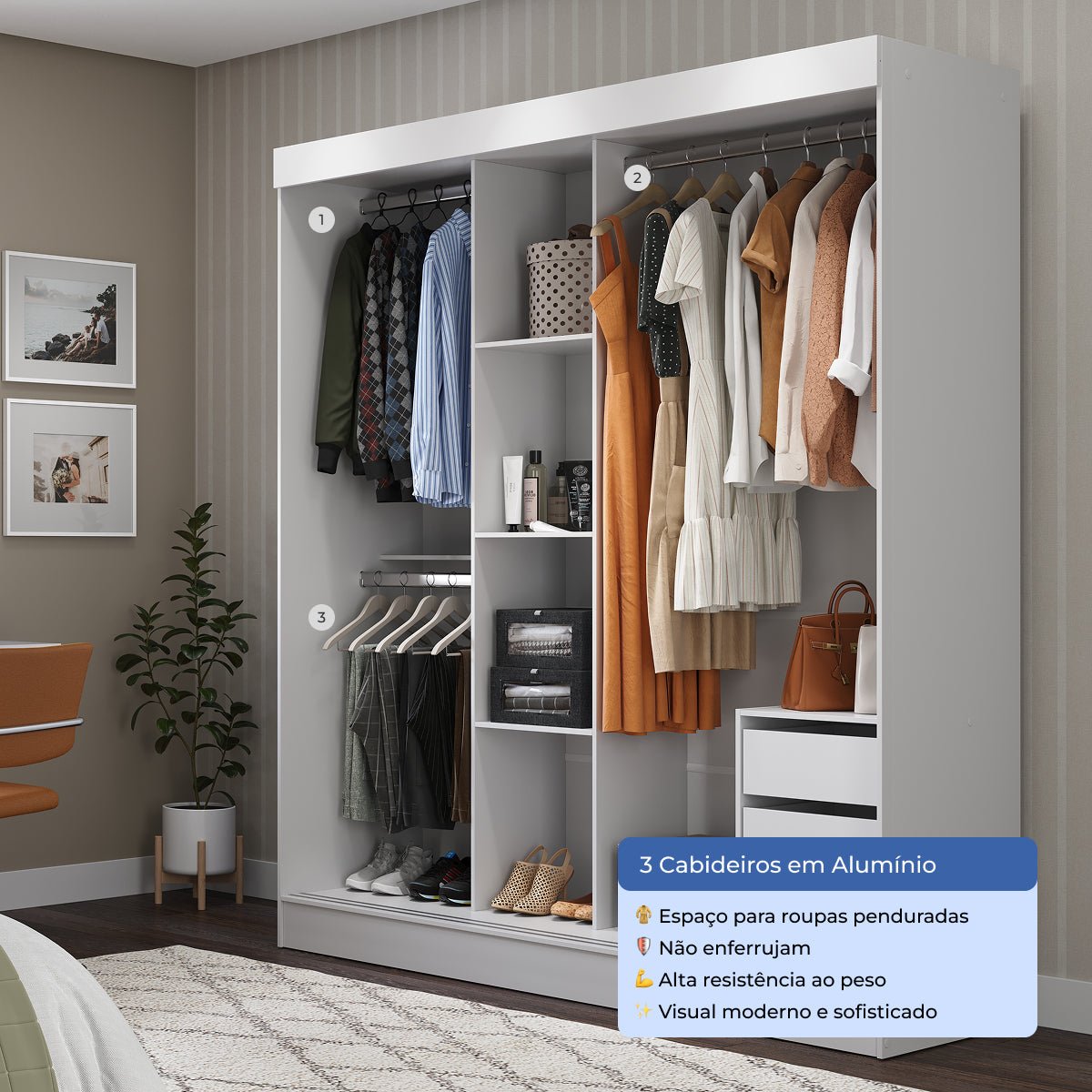 Guarda Roupa Casal com Espelho 3 Portas de Correr e 2 Gavetas Vittorio 172cm Branco - Província - Guarda - roupas