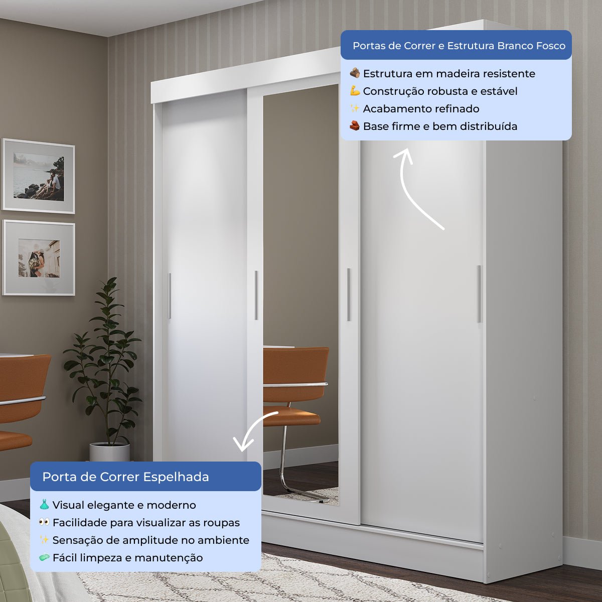 Guarda Roupa Casal com Espelho 3 Portas de Correr e 2 Gavetas Vittorio 172cm Branco - Província - Guarda - roupas