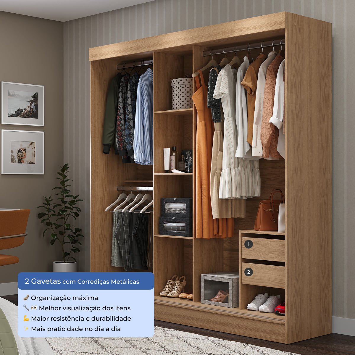 Guarda Roupa Casal com Espelho 3 Portas de Correr e 2 Gavetas Vittorio 172cm Carvalho com Grafite - Província - Guarda - roupas