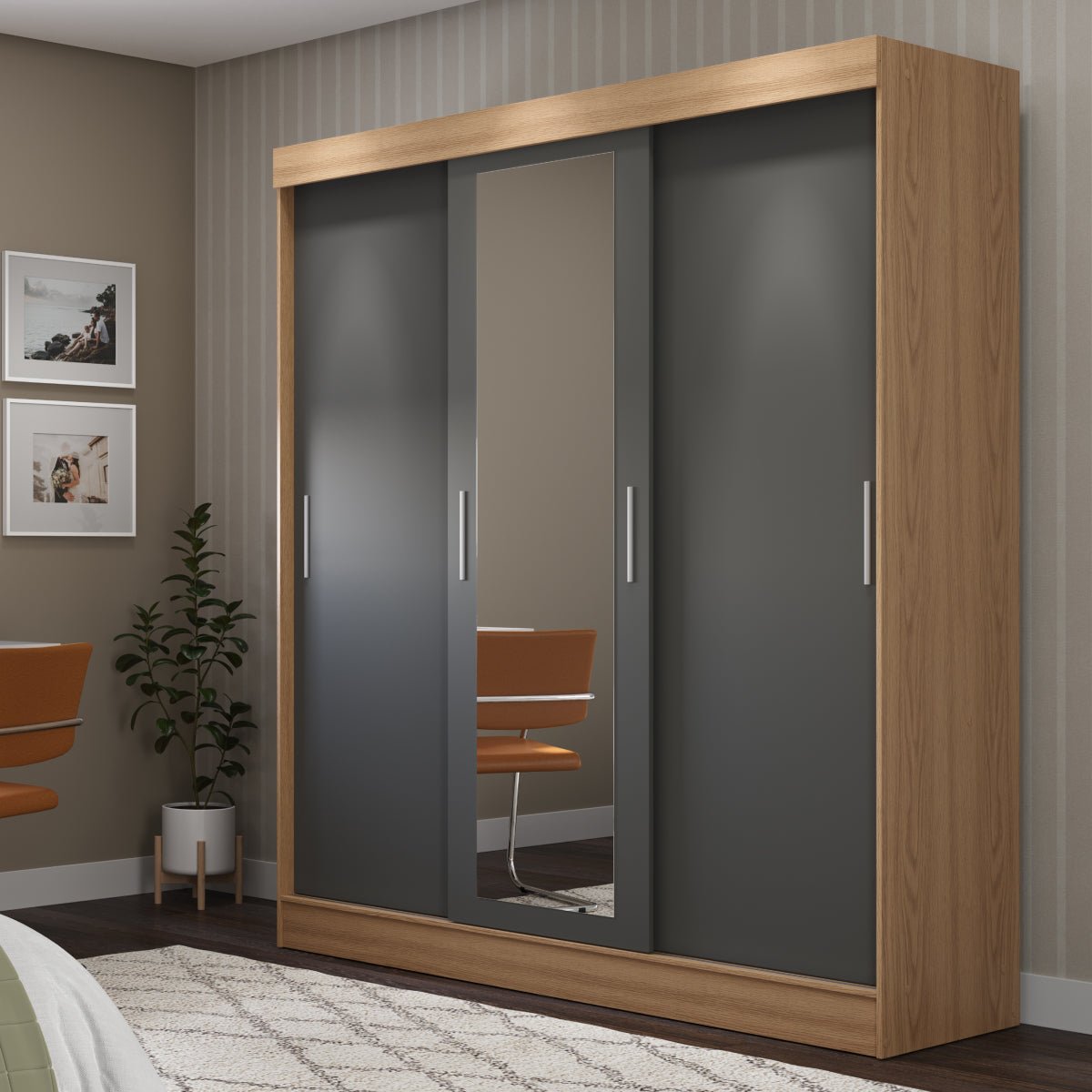 Guarda Roupa Casal com Espelho 3 Portas de Correr e 2 Gavetas Vittorio 172cm Carvalho com Grafite - Província - Guarda - roupas