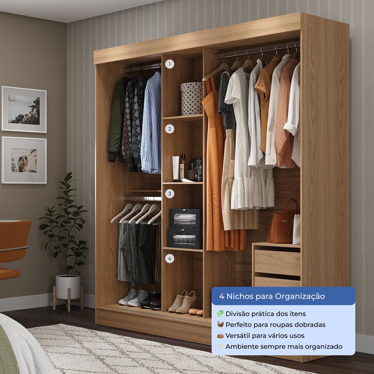 Guarda Roupa Casal com Espelho 3 Portas de Correr e 2 Gavetas Vittorio 172cm Carvalho com Grafite - Província - Guarda - roupas