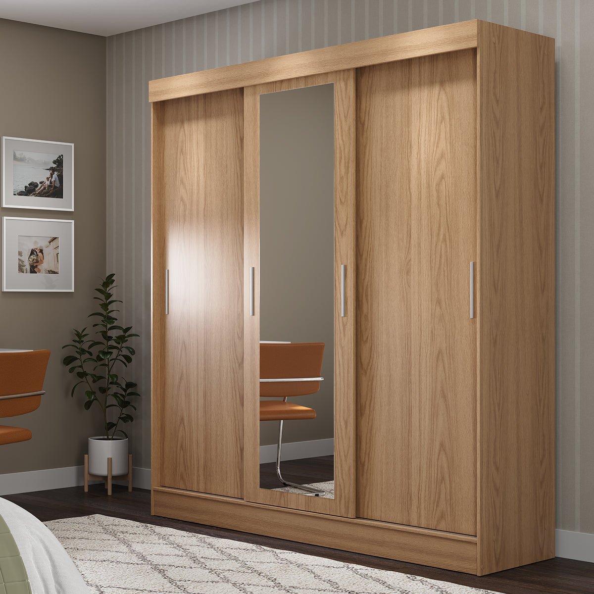 Guarda Roupa Casal com Espelho 3 Portas de Correr e 2 Gavetas Vittorio 172cm Carvalho - Província - Guarda - roupas