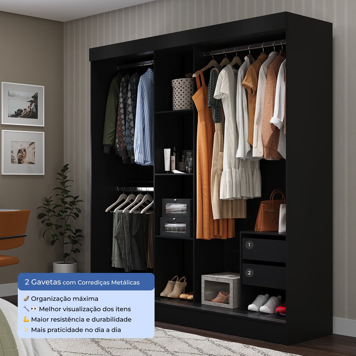 Guarda Roupa Casal com Espelho 3 Portas de Correr e 2 Gavetas Vittorio 172cm Preto - Província - Guarda - roupas