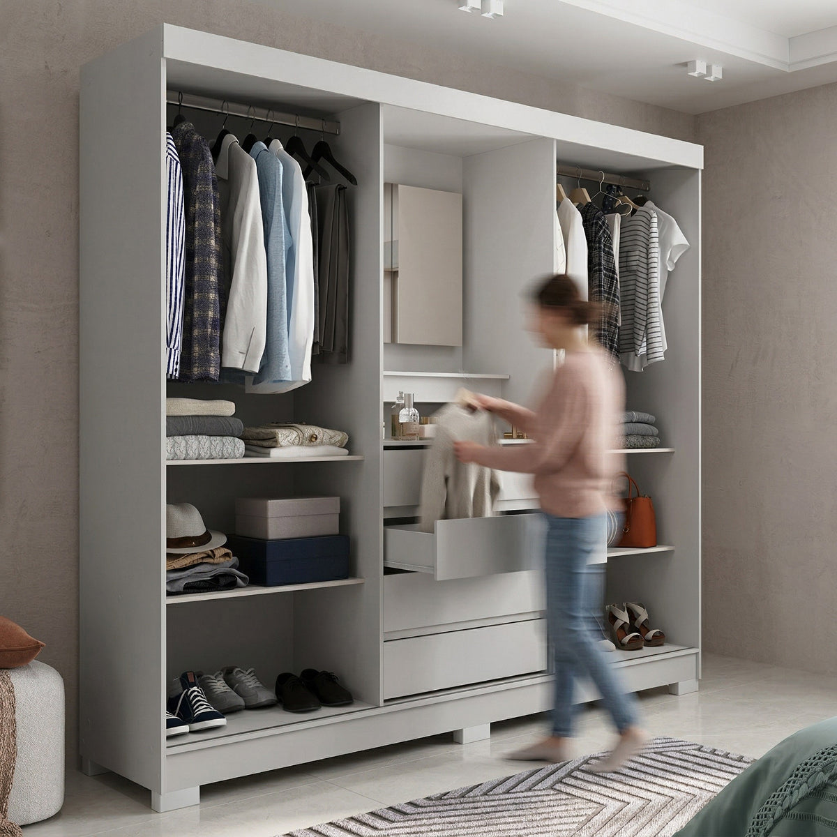 Guarda Roupa Casal com Espelho 2 Portas de Correr 4 Gavetas Ítalo Branco