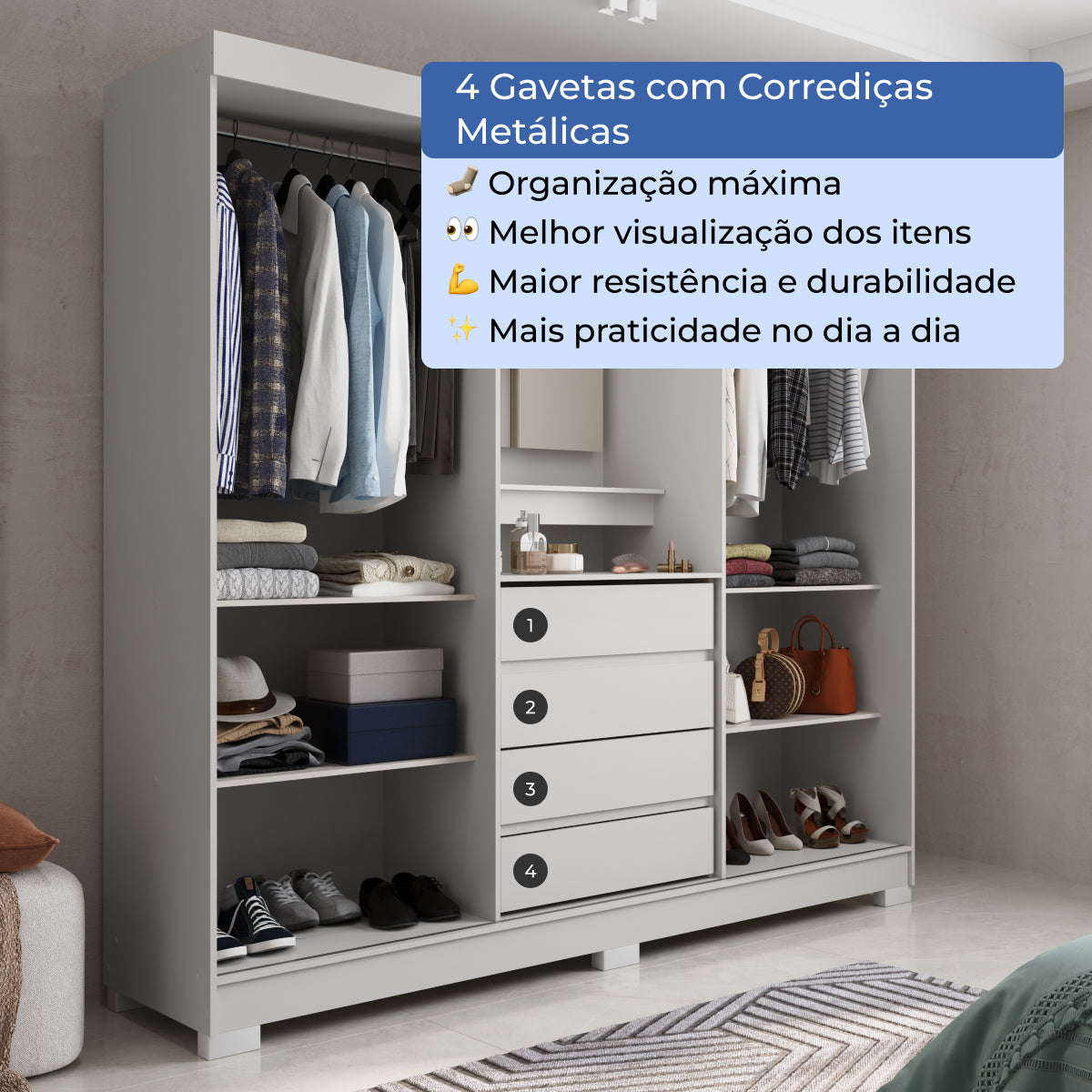 Guarda Roupa Casal com Espelho 2 Portas de Correr 4 Gavetas Ítalo Branco