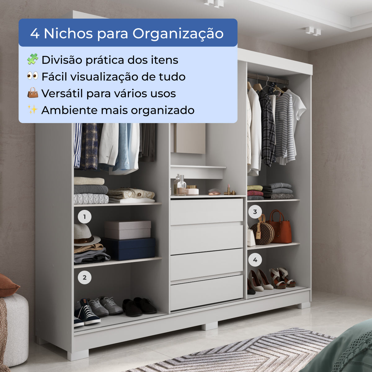 Guarda Roupa Casal com Espelho 2 Portas de Correr 4 Gavetas Ítalo Branco