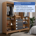 Guarda Roupa Casal com Espelho 2 Portas de Correr 4 Gavetas Ítalo Carvalho com Grafite