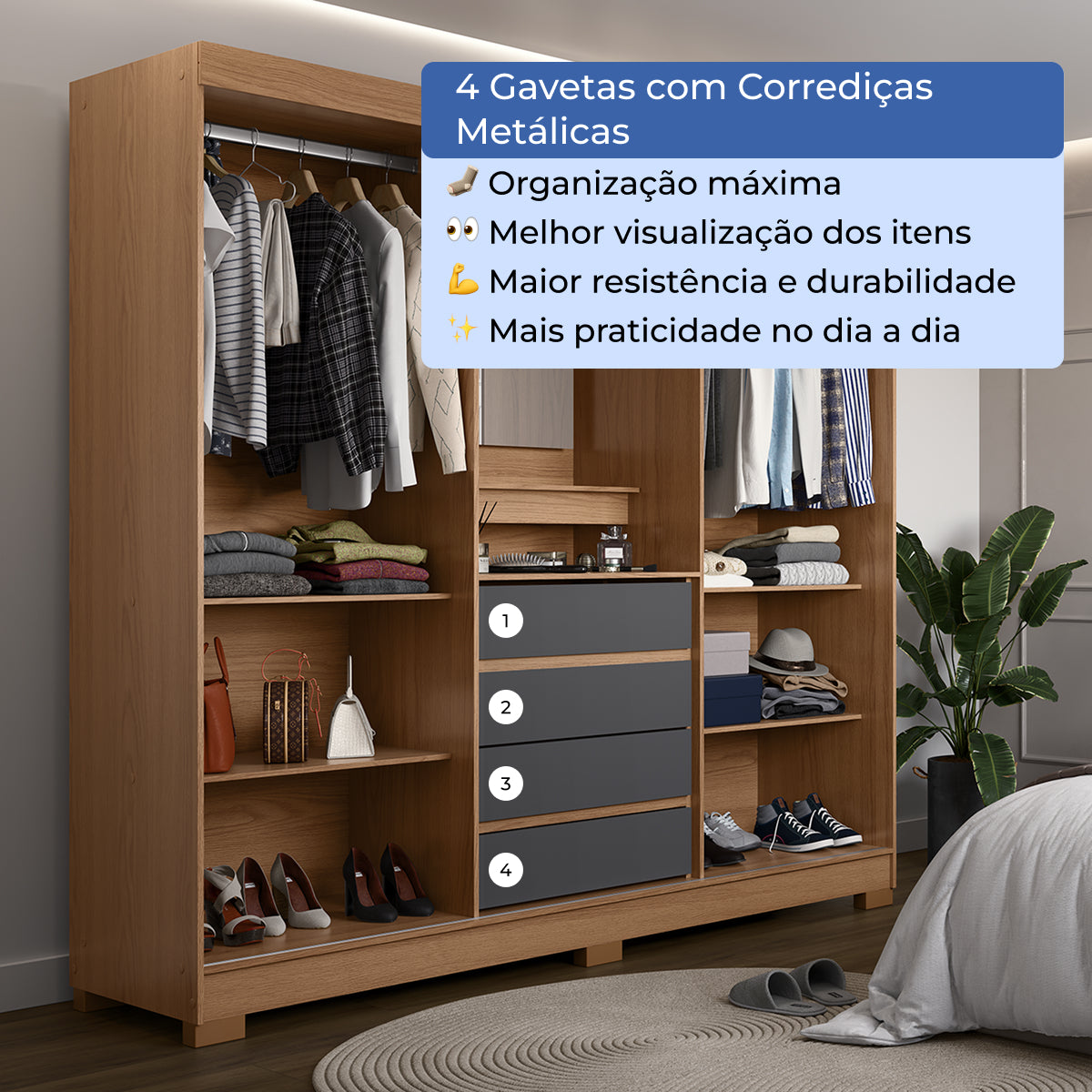 Guarda Roupa Casal com Espelho 2 Portas de Correr 4 Gavetas Ítalo Carvalho com Grafite