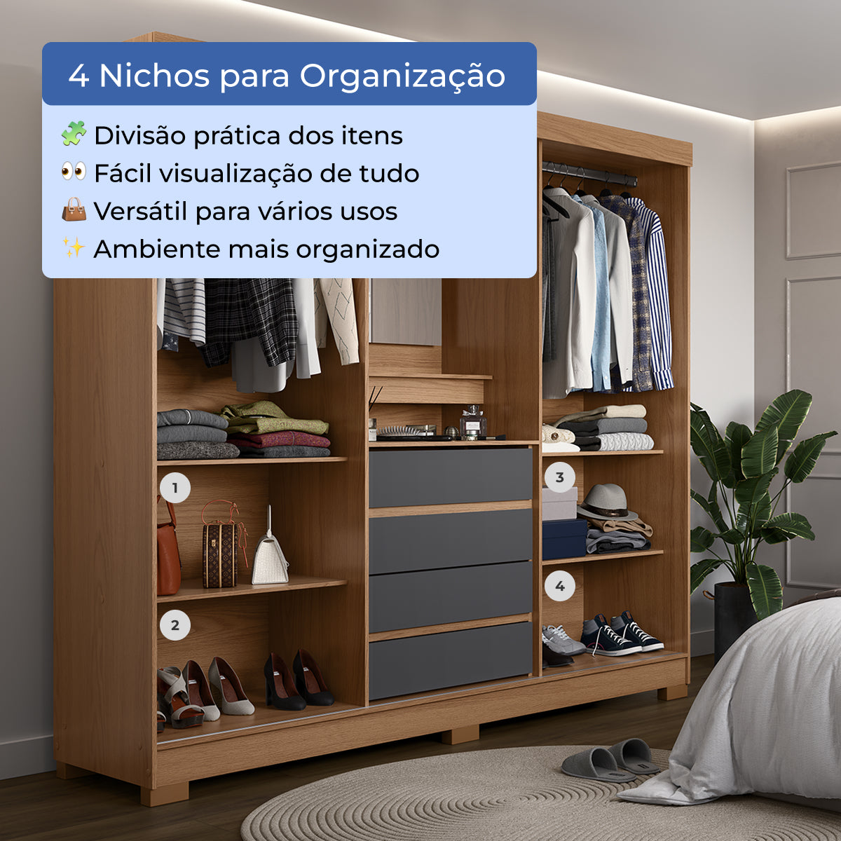 Guarda Roupa Casal com Espelho 2 Portas de Correr 4 Gavetas Ítalo Carvalho com Grafite