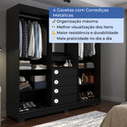 Guarda Roupa Casal com Espelho 2 Portas de Correr 4 Gavetas Ítalo Preto