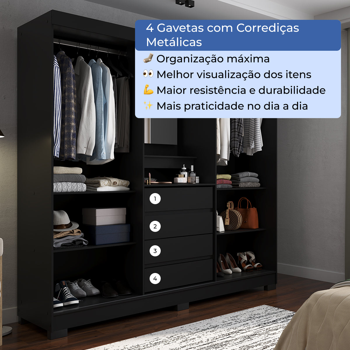 Guarda Roupa Casal com Espelho 2 Portas de Correr 4 Gavetas Ítalo Preto