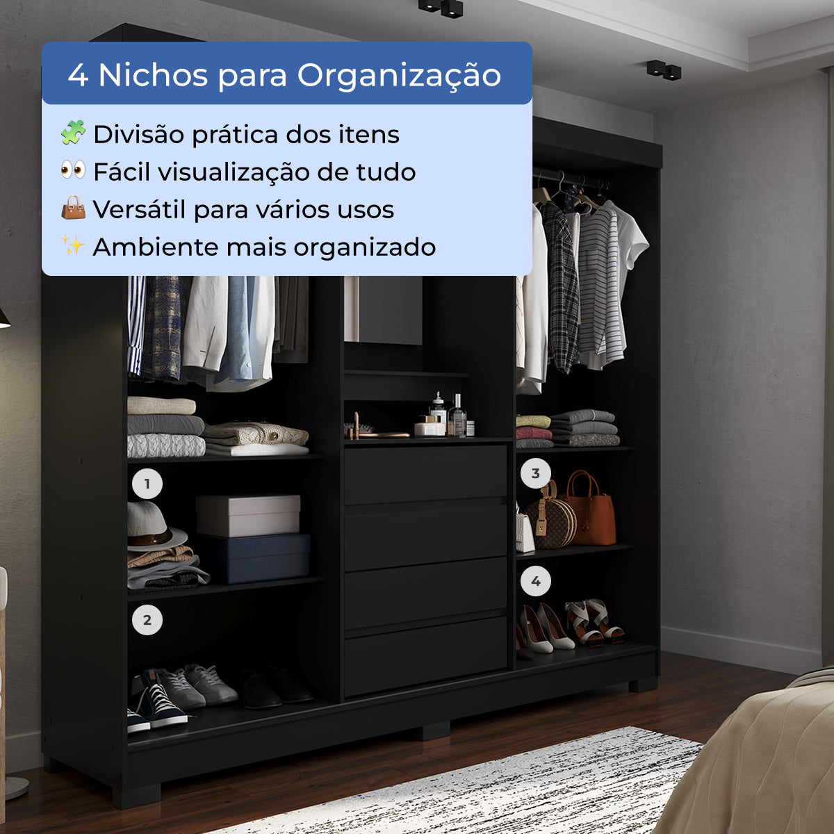 Guarda Roupa Casal com Espelho 2 Portas de Correr 4 Gavetas Ítalo Preto
