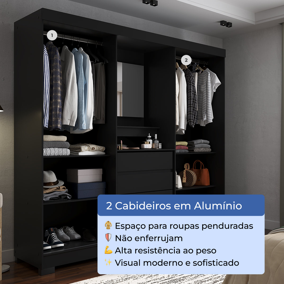 Guarda Roupa Casal com Espelho 2 Portas de Correr 4 Gavetas Ítalo Preto