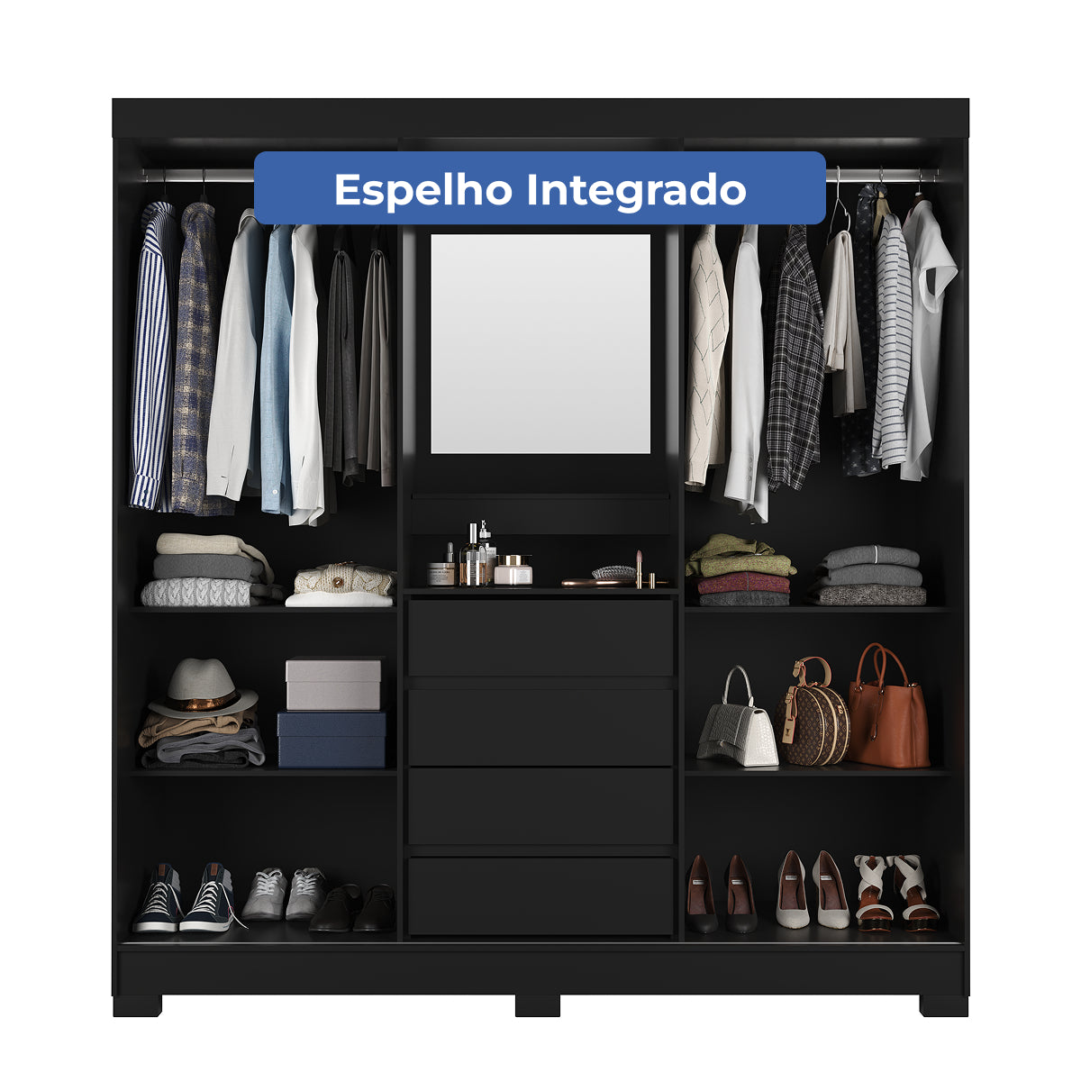 Guarda Roupa Casal com Espelho 2 Portas de Correr 4 Gavetas Ítalo Preto