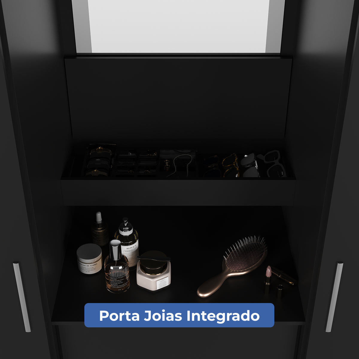 Guarda Roupa Casal com Espelho 2 Portas de Correr 4 Gavetas Ítalo Preto