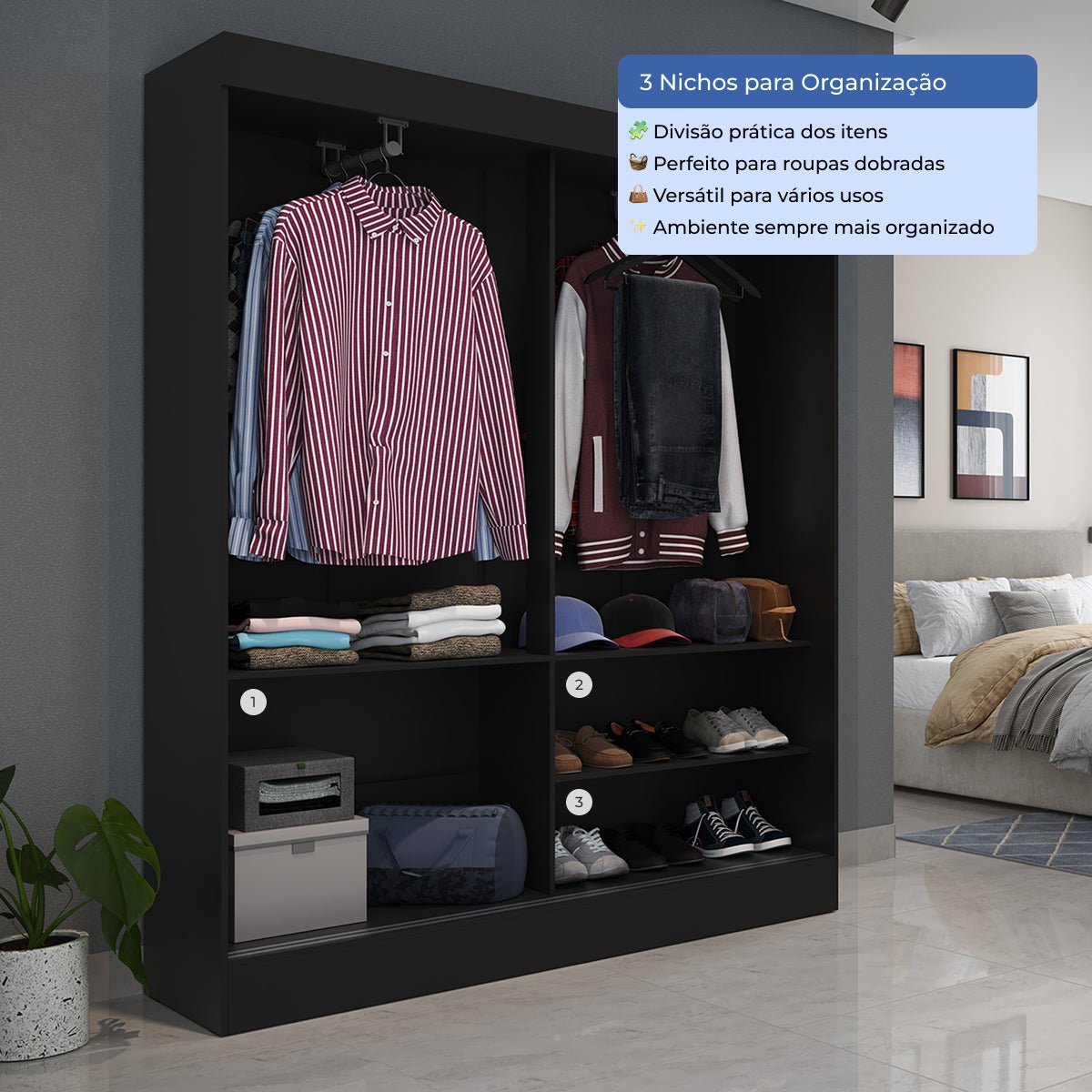 Guarda Roupa Solteiro 2 Portas de Correr Orazio 135cm Preto - Província - Guarda - roupas