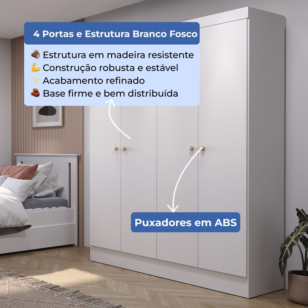 Guarda Roupa Solteiro 4 Portas Renzo 135cm Branco - Província - Guarda - roupas