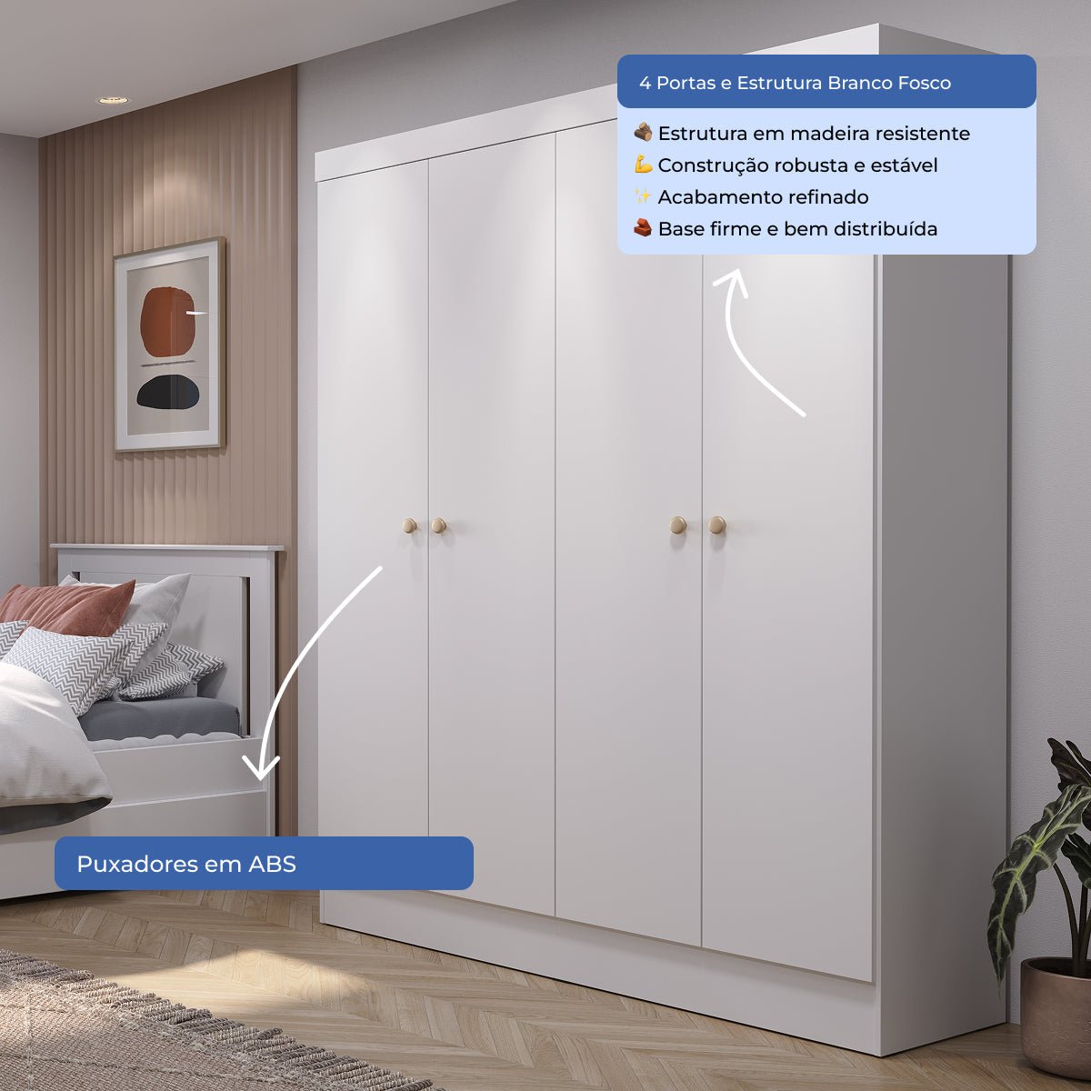 Guarda Roupa Solteiro 4 Portas Renzo 135cm Branco - Província - Guarda - roupas