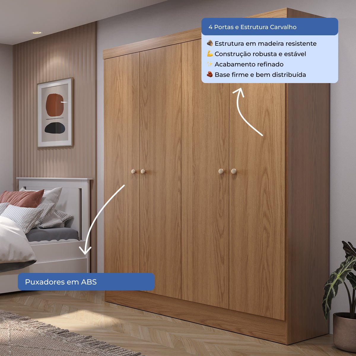 Guarda Roupa Solteiro 4 Portas Renzo 135cm Carvalho - Província - Guarda - roupas