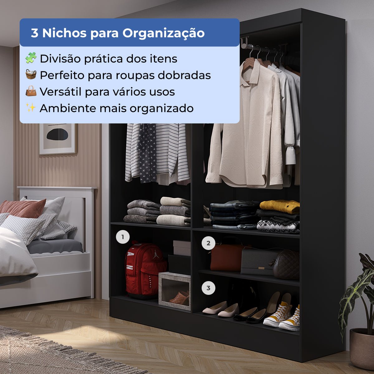 Guarda Roupa Solteiro 4 Portas Renzo 135cm Preto - Província - Guarda - roupas