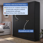 Guarda Roupa Solteiro 4 Portas Renzo 135cm Preto - Província - Guarda - roupas
