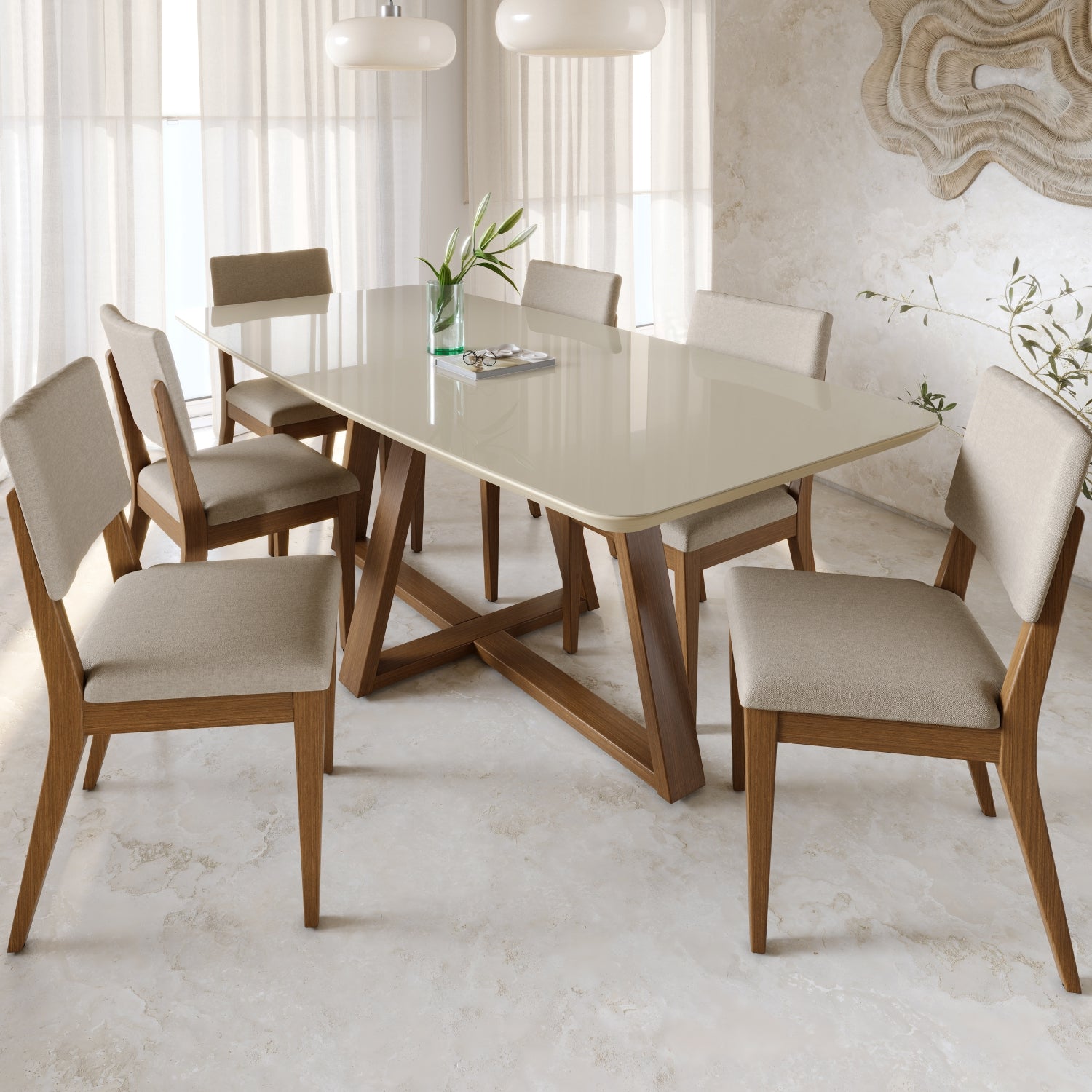 Mesa de Jantar Retangular com Vidro para 6 Lugares Bennett 160cm Natural com Off-White Gloss