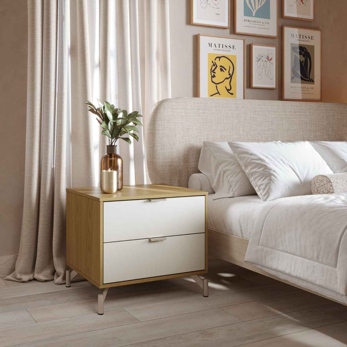 Mesa de Cabeceira 2 Gavetas Glow 60 cm Carvalho e Off White com Champanhe - Província - Mesa de Cabeceira