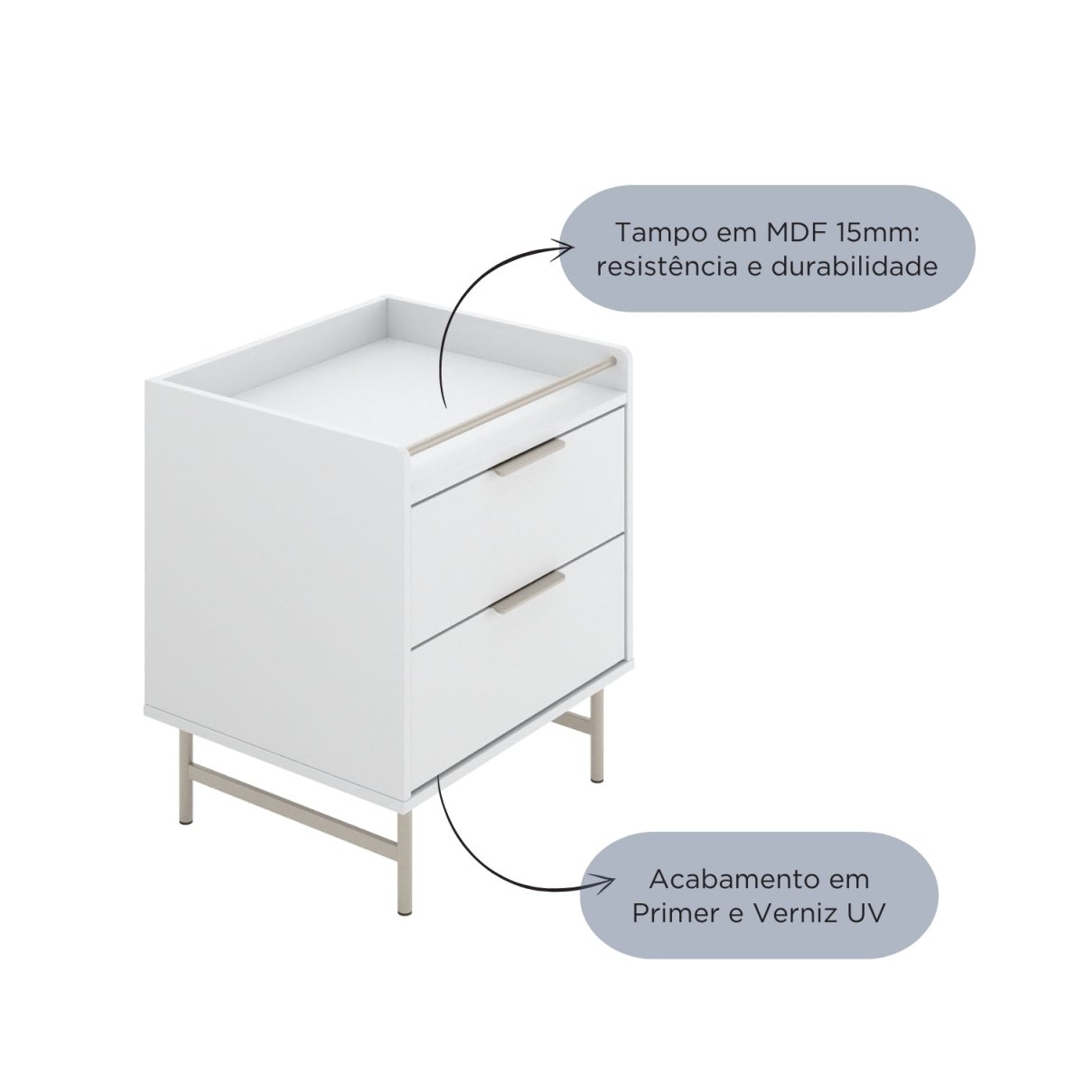 Mesa de Cabeceira c/ 2 Gavetas Yves Branco Fosco c/ Champanhe - Província - Mesa de Cabeceira