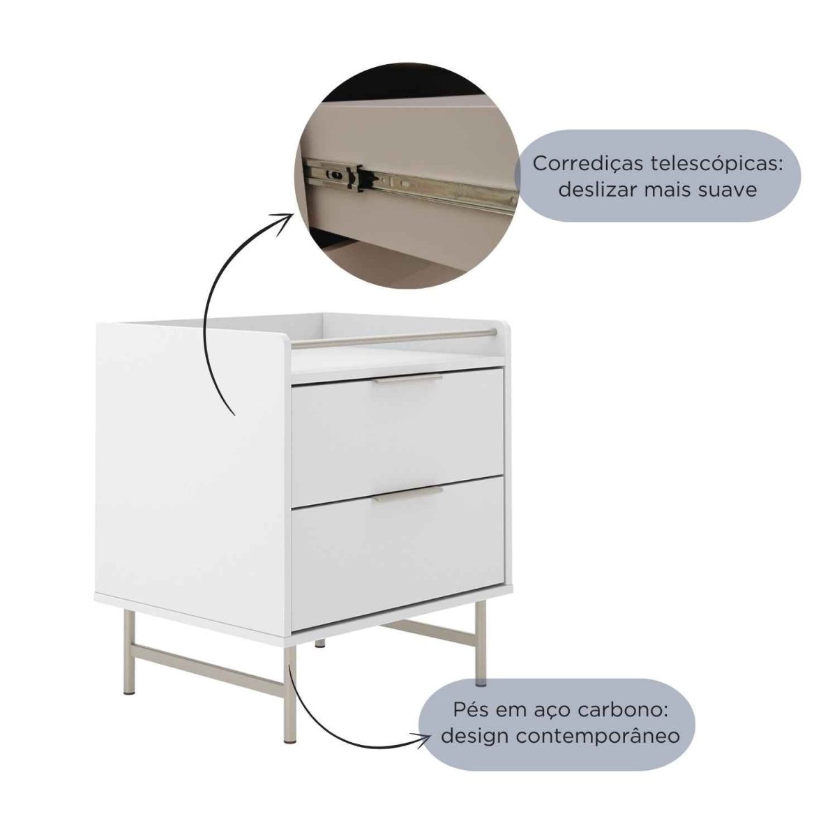 Mesa de Cabeceira c/ 2 Gavetas Yves Branco Fosco c/ Champanhe - Província - Mesa de Cabeceira