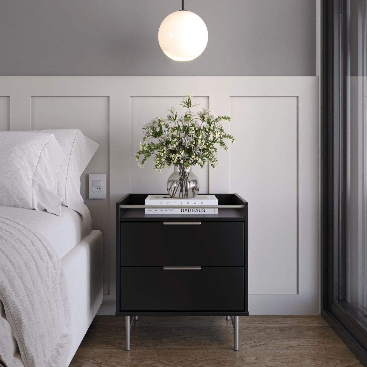 Mesa de Cabeceira c/ 2 Gavetas Yves Preto com Champanhe - Província - Mesa de Cabeceira