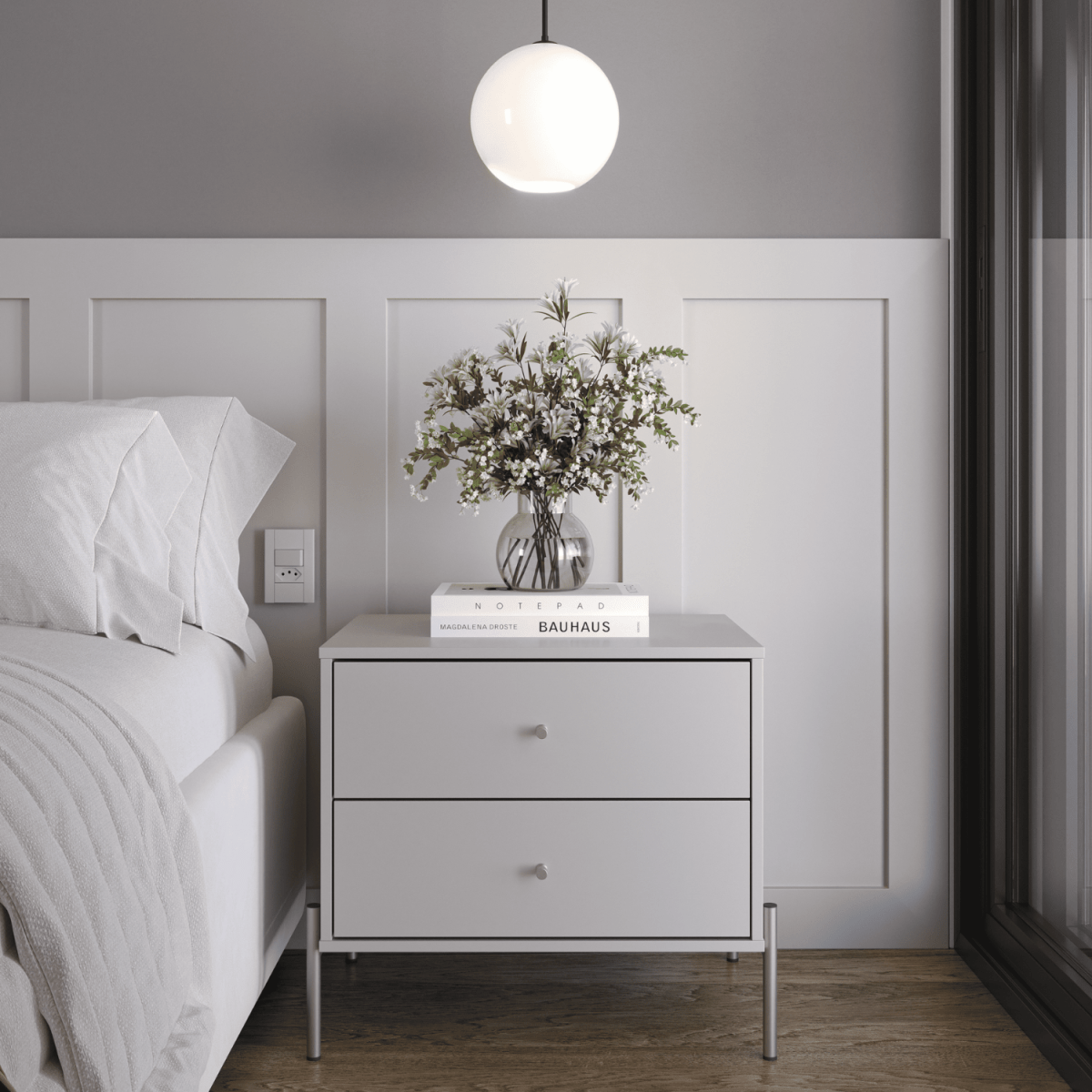 Mesa de Cabeceira Jasper 64 cm Off White Fosco com Champanhe - Província - Mesa de Cabeceira