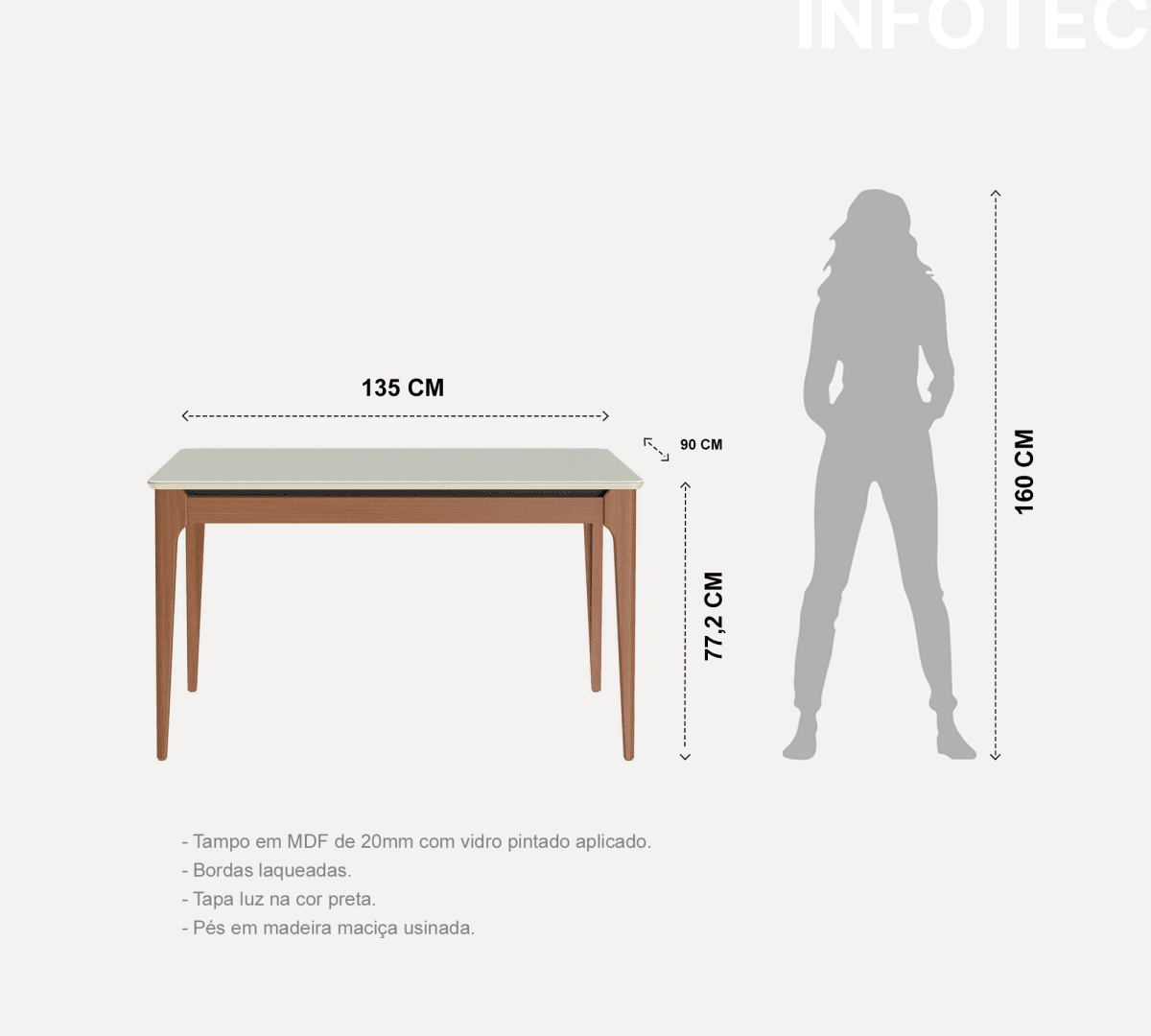 Mesa de Jantar Addar 135 cm - Natural c/ Vidro Off White - Província - Mesa de jantar