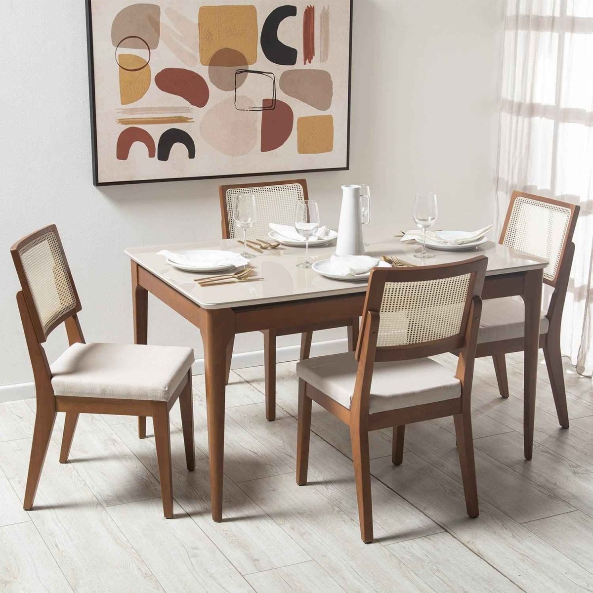 Mesa de Jantar Addar 135 cm - Natural c/ Vidro Off White - Província - Mesa de jantar