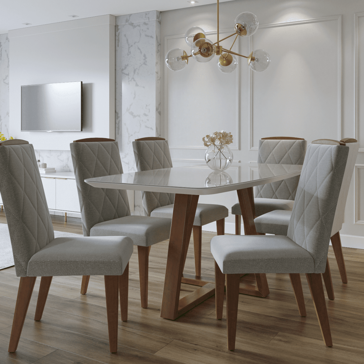 Mesa de Jantar Bennett c/ Vidro 180 cm - Natural c/ Vidro Off White - Província - Mesa de jantar