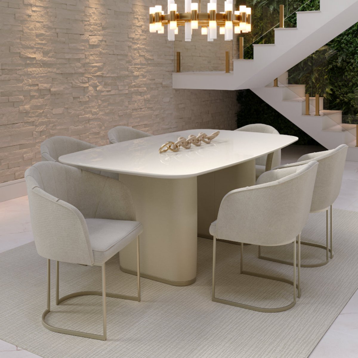 Mesa de Jantar Lintz 184 cm - Off White Fosco c/ PU Bege - Champanhe - Província - Mesa de jantar