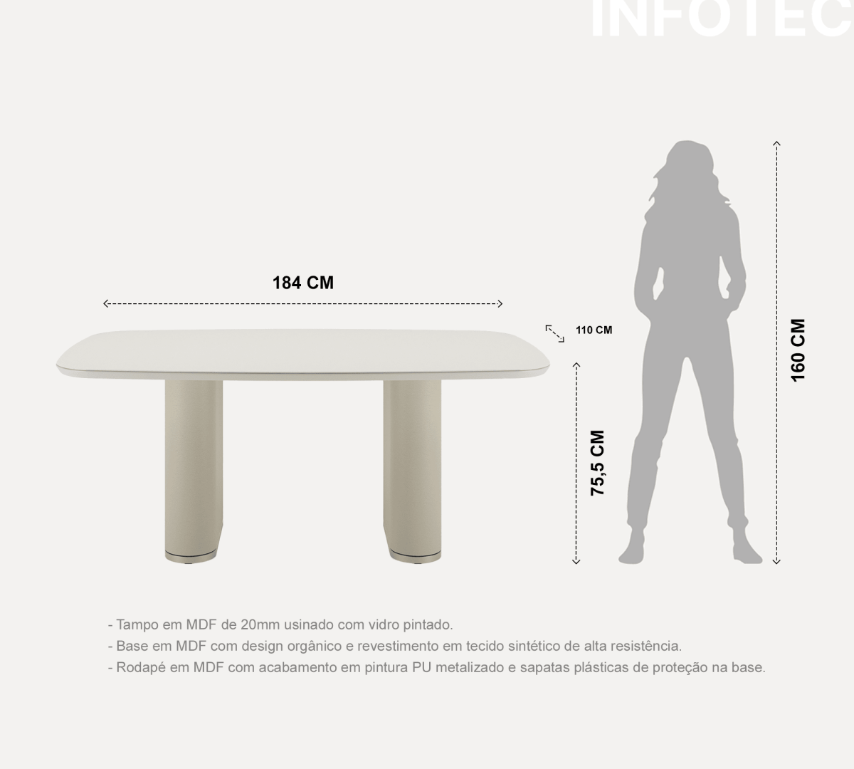 Mesa de Jantar Lintz 184 cm - Off White Fosco c/ PU Bege - Champanhe - Província - Mesa de jantar