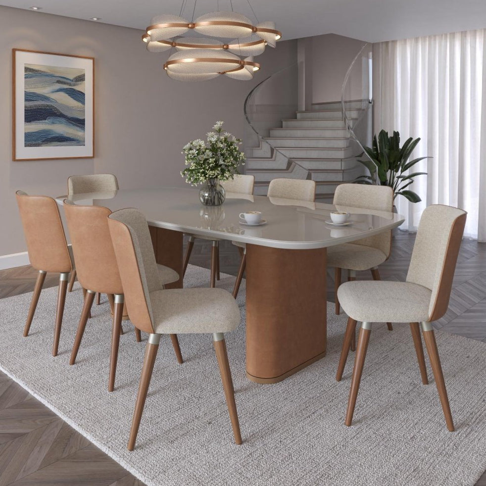 Mesa de Jantar Lintz c/ Vidro 220 cm - Off White c/ Caramel - Província - Mesa de jantar