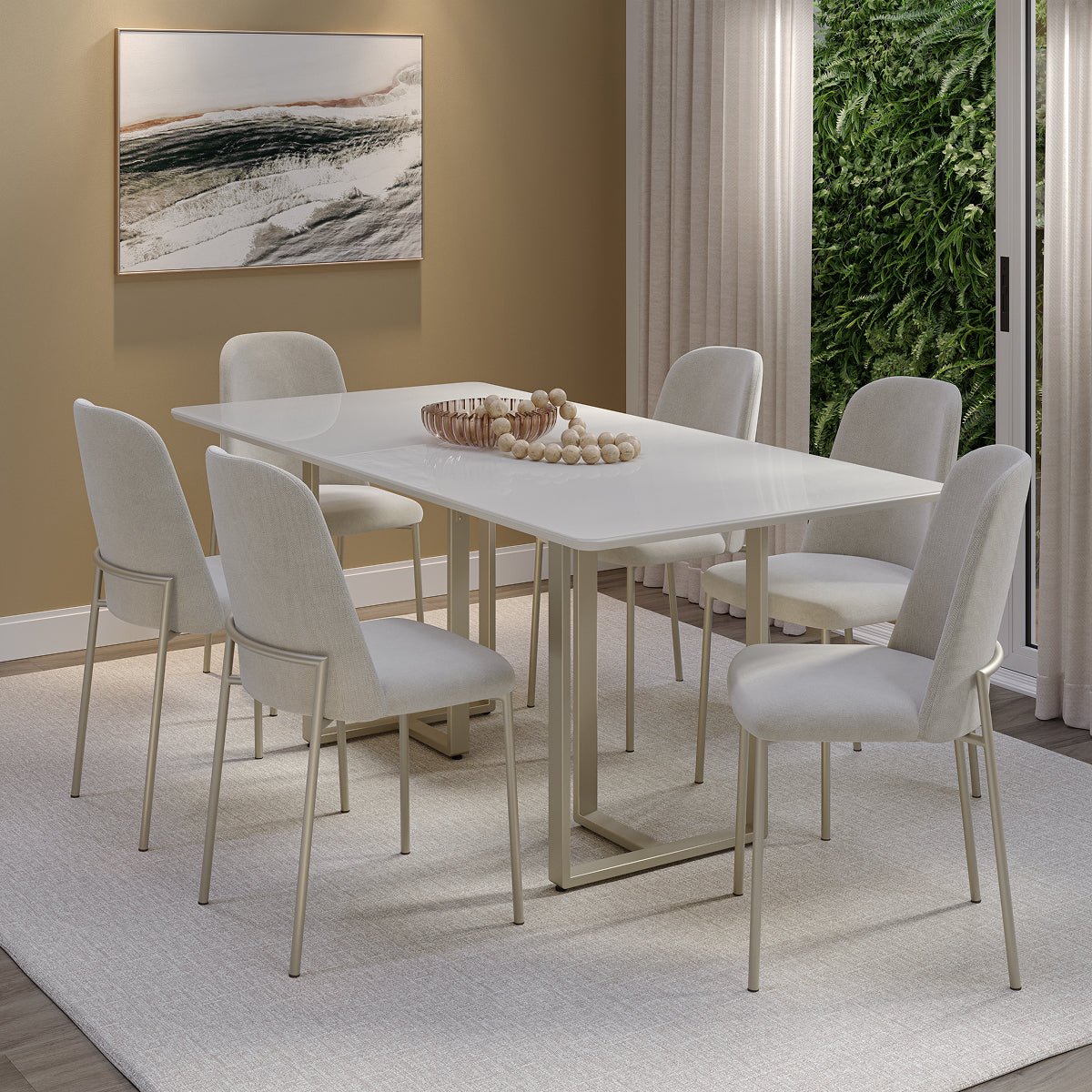 Mesa de Jantar Retangular com Vidro para 6 Lugares Arcádia 160cm Off - White Fosco com Champanhe - Província - Mesa de jantar