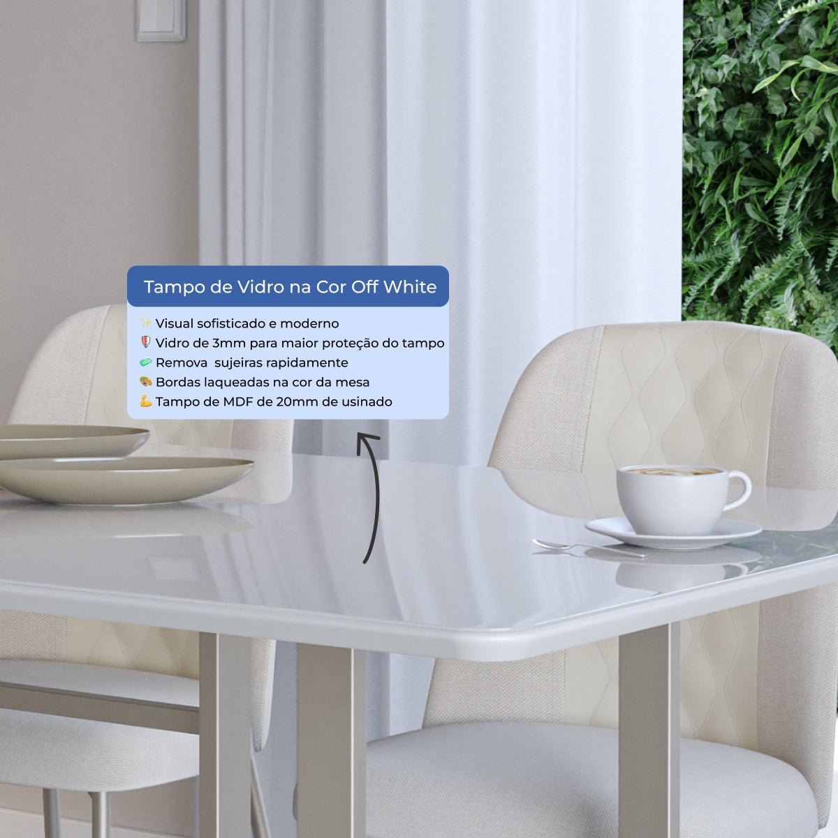 Mesa de Jantar Retangular com Vidro para 6 Lugares Arcádia 184cm Off - White Fosco com Champanhe - Província - Mesa de jantar