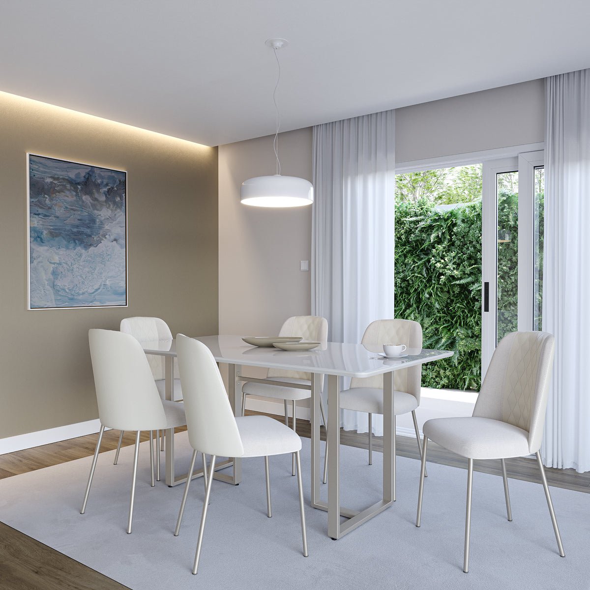 Mesa de Jantar Retangular com Vidro para 6 Lugares Arcádia 184cm Off - White Fosco com Champanhe - Província - Mesa de jantar