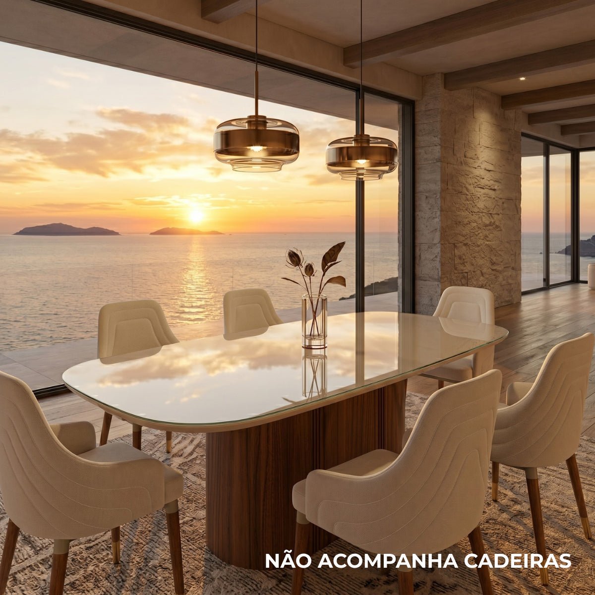 Mesa de Jantar Retangular com Vidro para 6 Lugares Kalina 184cm Off - White Fosco com Canella - Província - Mesa de jantar