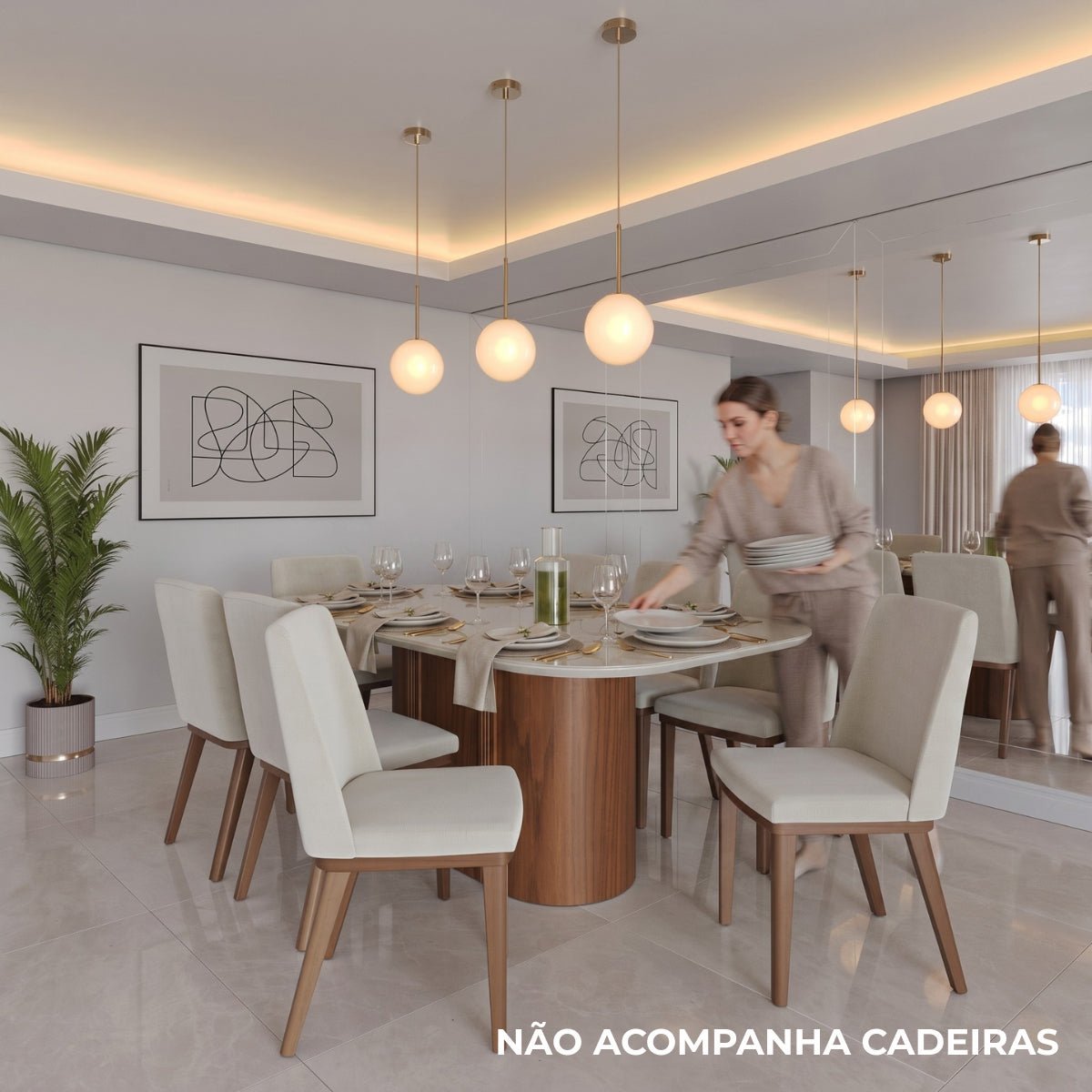 Mesa de Jantar Retangular com Vidro para 6 Lugares Kalina 184cm Off - White Fosco com Canella - Província - Mesa de jantar