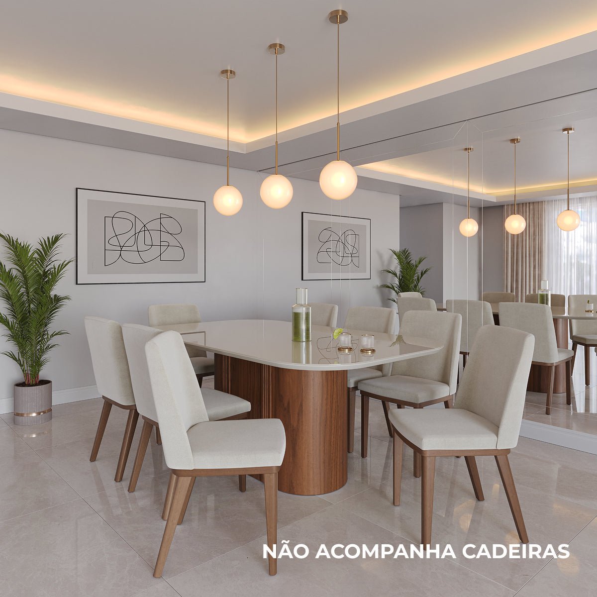 Mesa de Jantar Retangular com Vidro para 6 Lugares Kalina 184cm Off - White Fosco com Canella - Província - Mesa de jantar