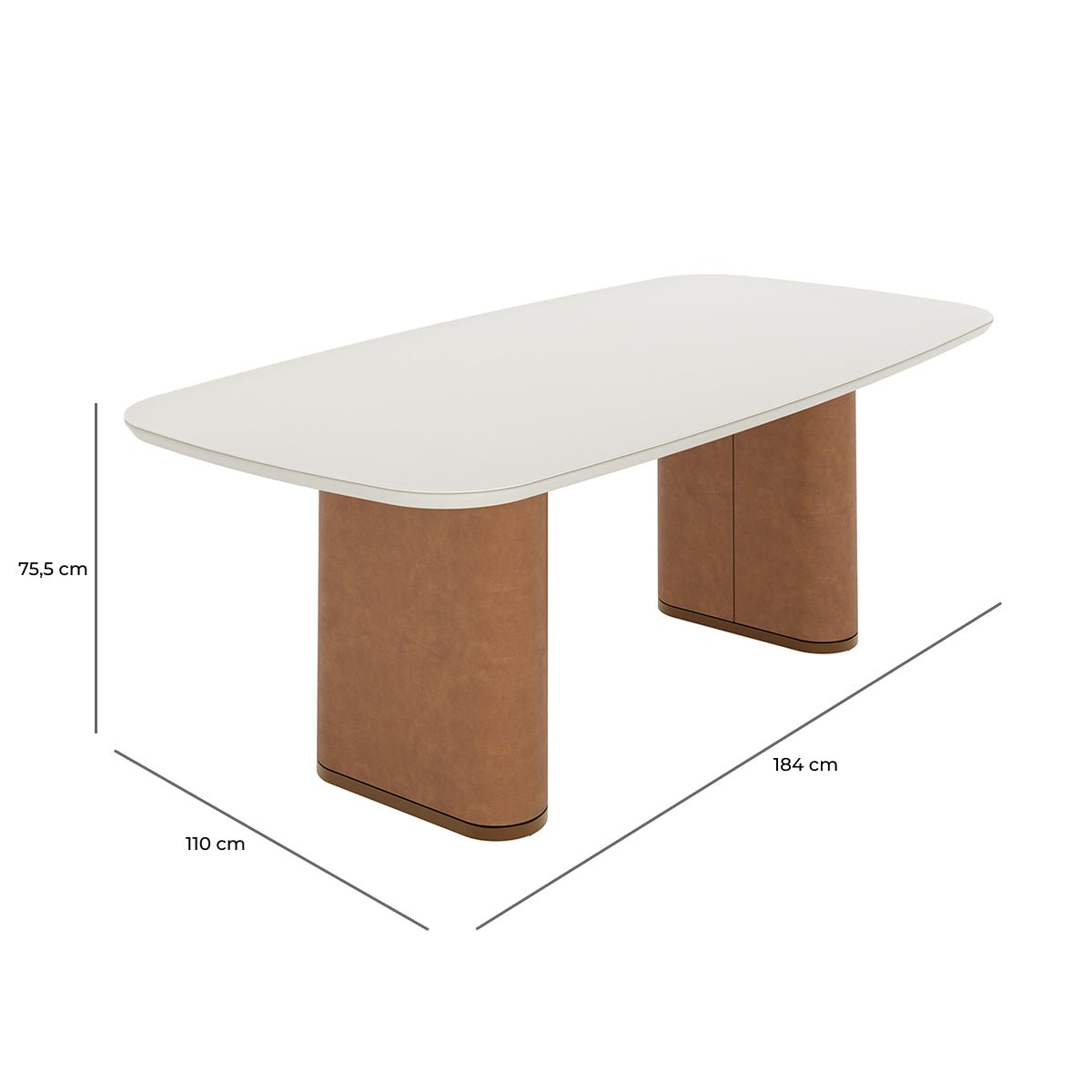 Mesa de Jantar Retangular com Vidro para 6 Lugares Lintz 184cm Off White Fosco com PU Caramelo e Canella - Província - Mesa de jantar