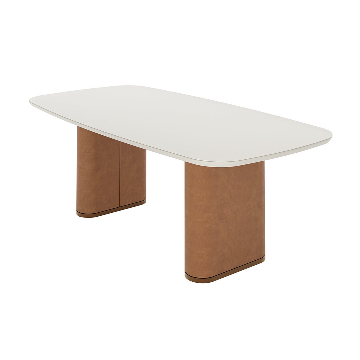 Mesa de Jantar Retangular com Vidro para 6 Lugares Lintz 184cm Off White Fosco com PU Caramelo e Canella - Província - Mesa de jantar