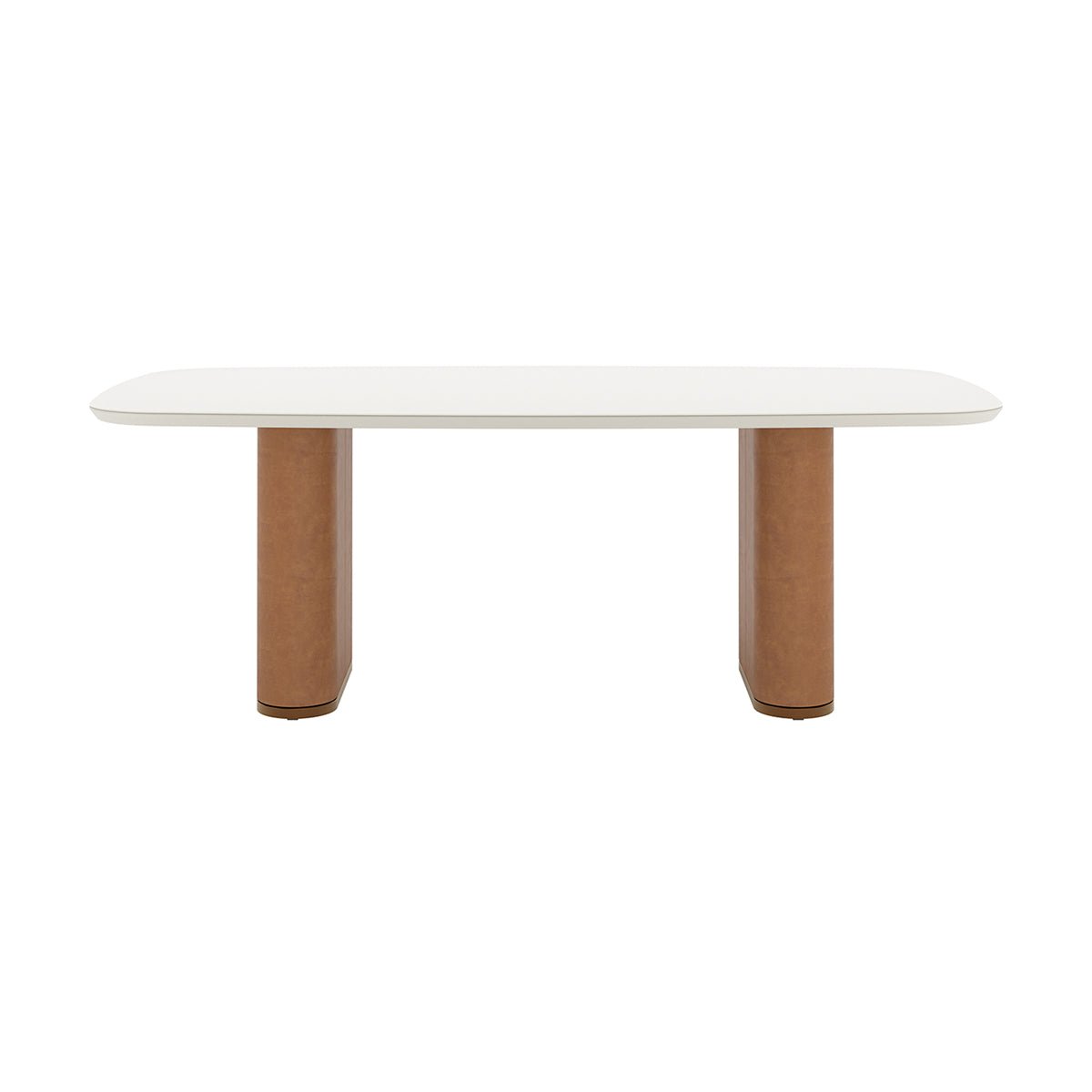 Mesa de Jantar Retangular com Vidro para 6 Lugares Lintz 184cm Off White Fosco com PU Caramelo e Canella - Província - Mesa de jantar