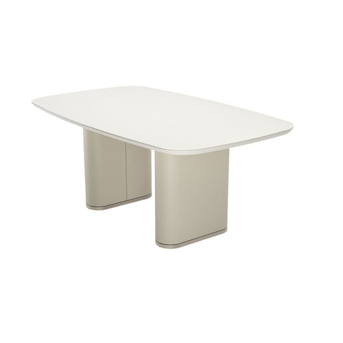 Mesa de Jantar Retangular com Vidro para 6 Lugares Lintz 184cm Off White Fosco com PU Off - White e Champanhe - Província - Mesa de jantar