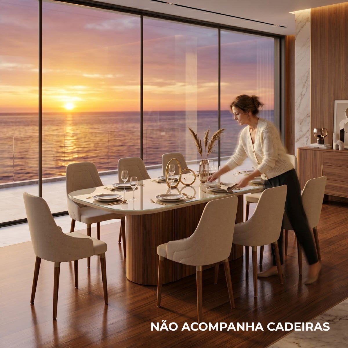 Mesa de Jantar Retangular com Vidro para 8 Lugares Kalina 220cm Off - White Fosco com Canella - Província - Mesa de jantar