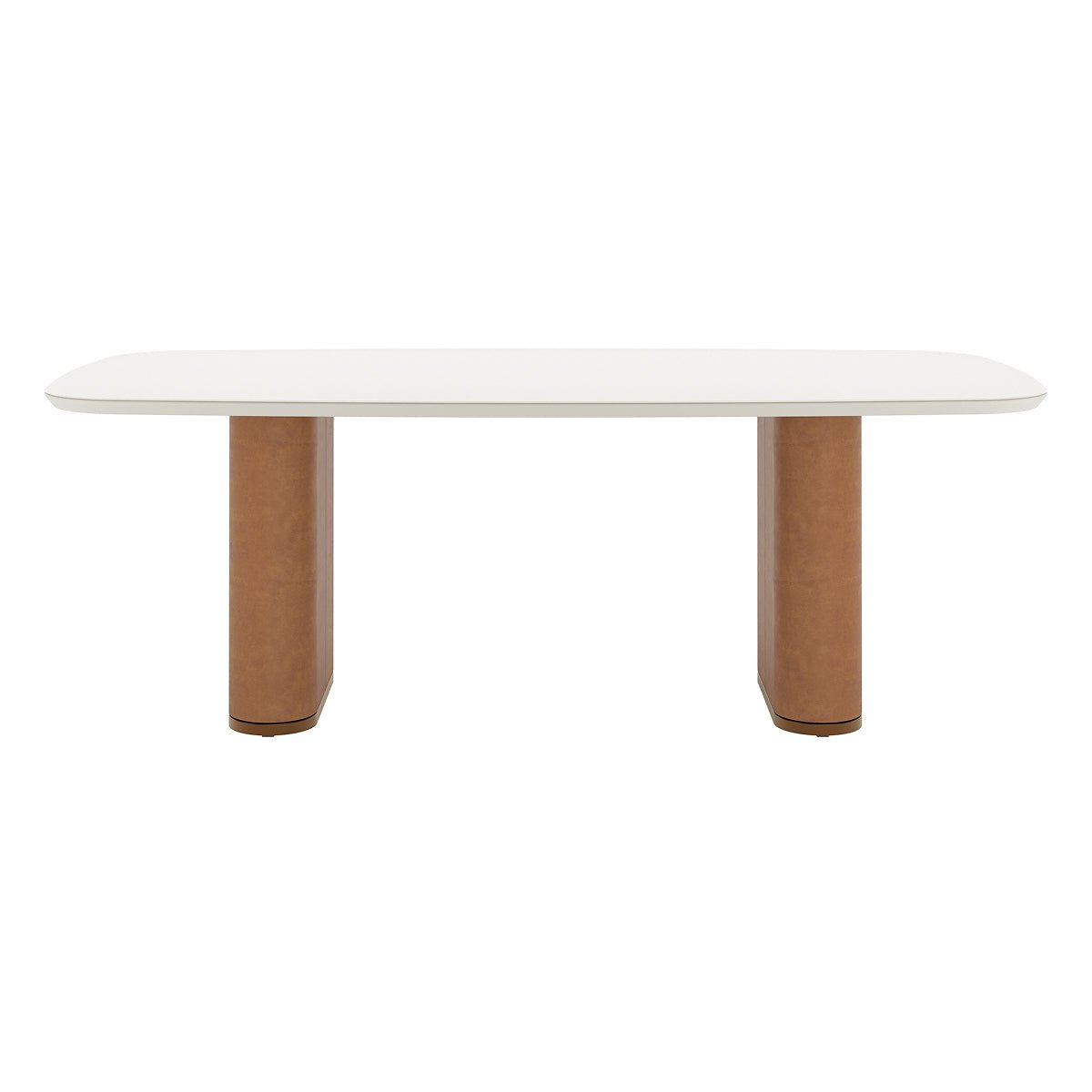 Mesa de Jantar Retangular com Vidro para 8 Lugares Lintz 219cm Off White Fosco com PU Caramelo e Canella - Província - Mesa de jantar